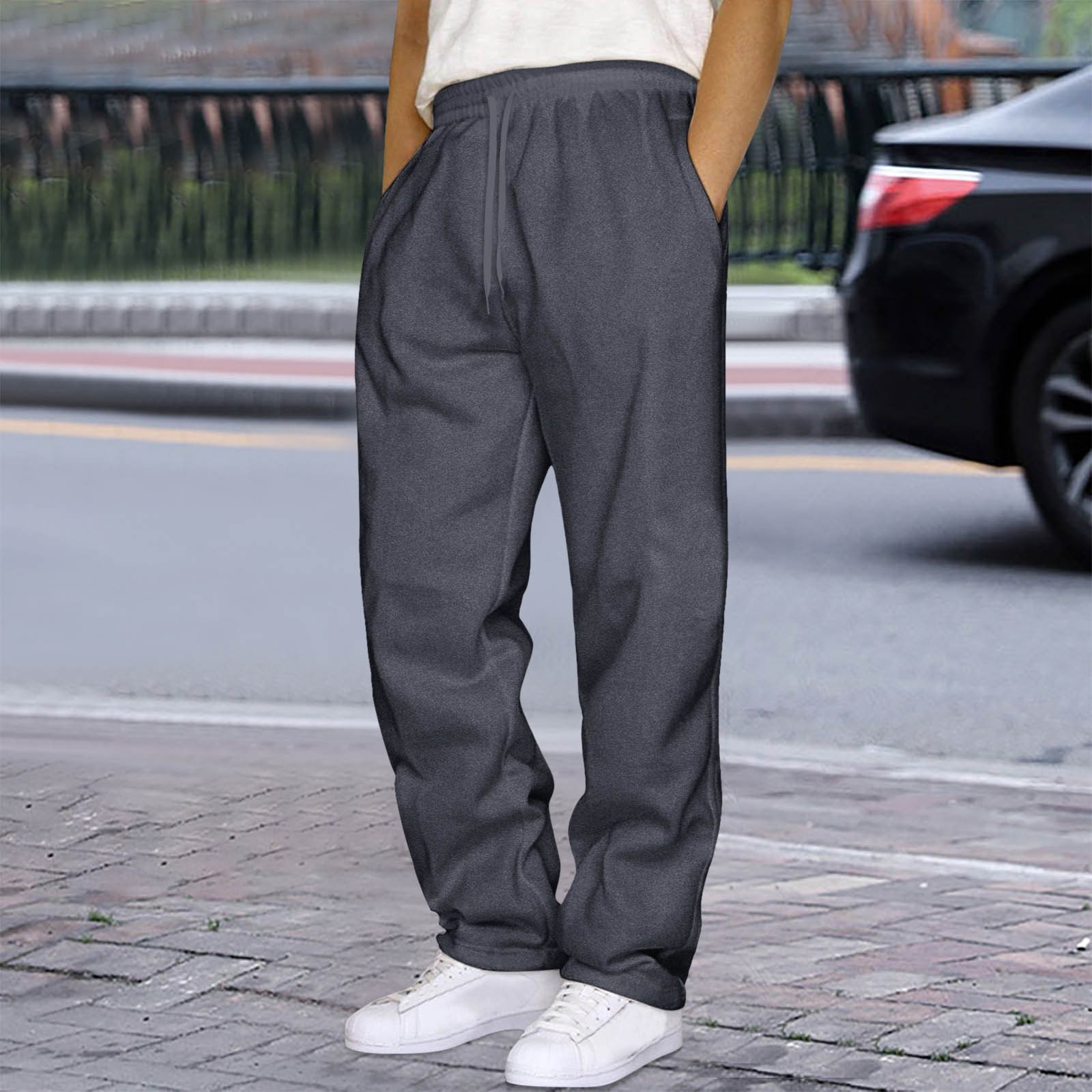thumbnail image 2 of Pantalones informales de hombre con cordón y pierna recta: cintura elástica, tejido de poliéster, corte holgado para deporte/negocios, diseño de color liso., 2 of 4